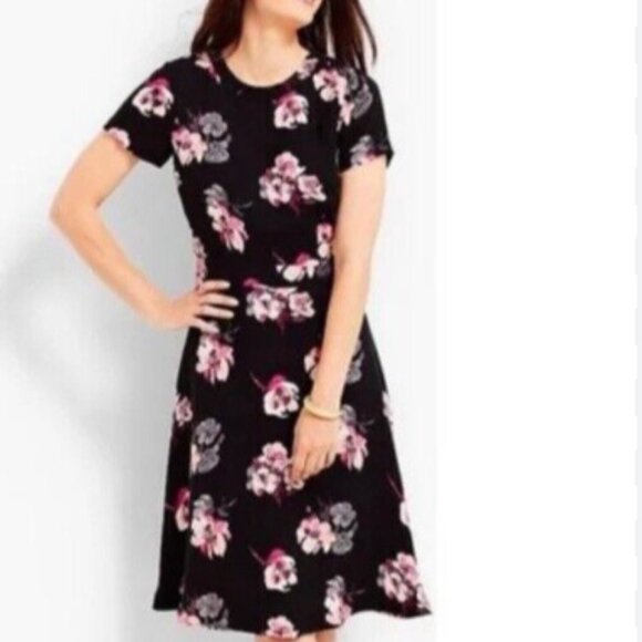 Talbots Women's Black and Pink Floral Short Sleeve Fit and Flare Dress Size 14 - Picture 1 of 11